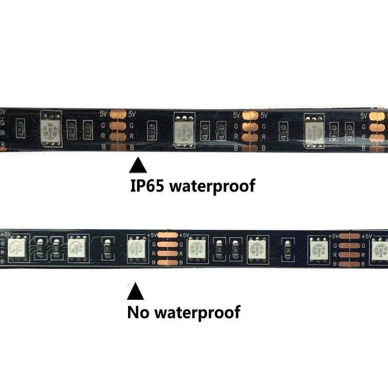 A flexible one-metre-long USB LED light strip showing multiple SMD5050 LEDs, coiled next to its USB plug.