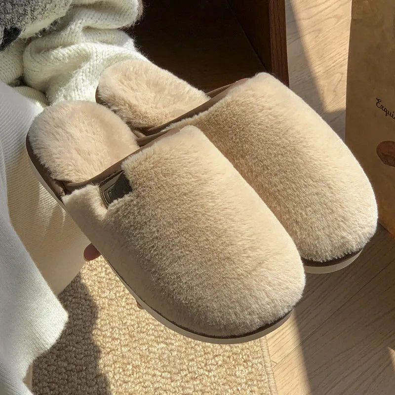 Winter plush slippers in solid colours with non-slip PVC soles and car stitching detail
