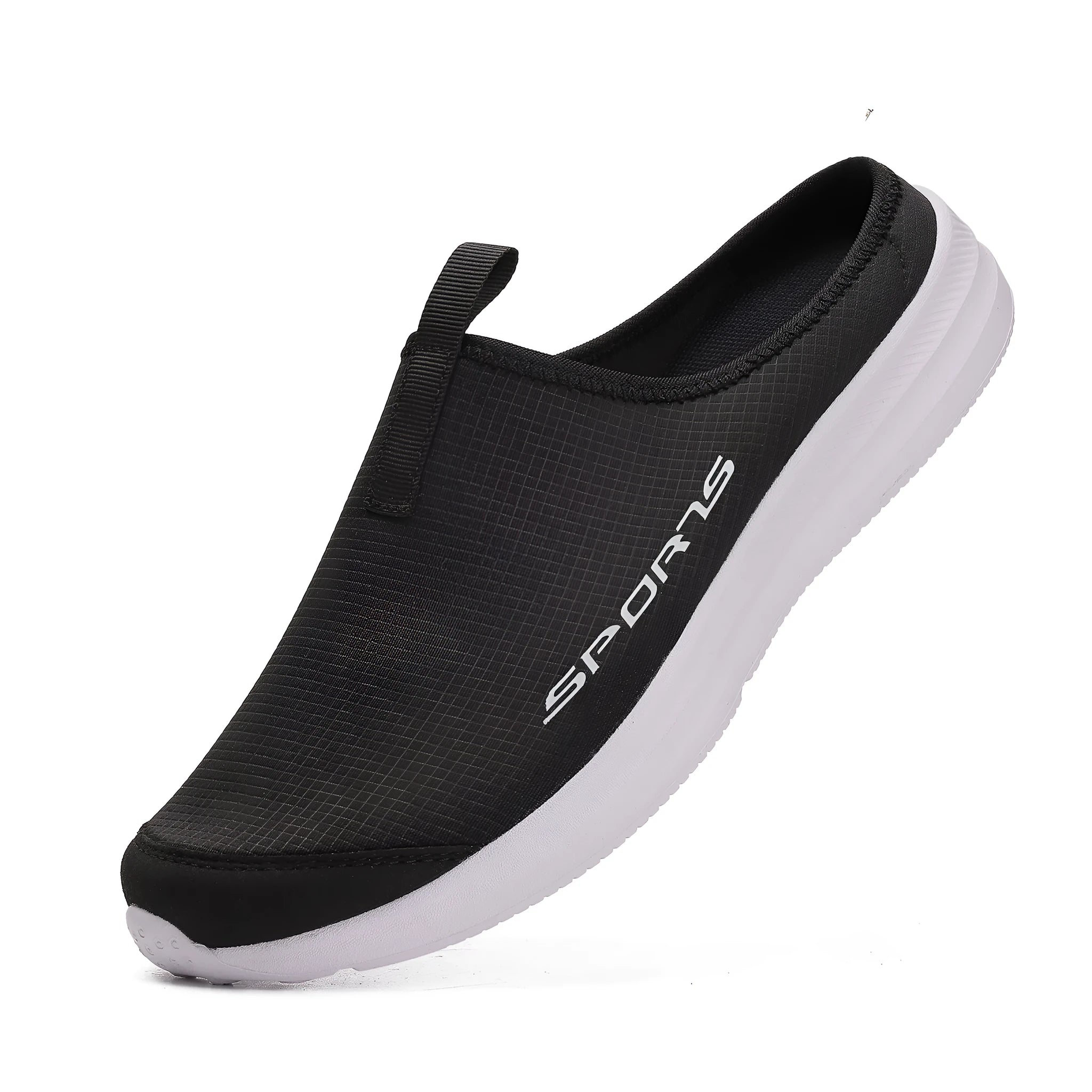Men's breathable mesh half slippers with EVA sole in khaki and black colours, one-pedal slip-on design