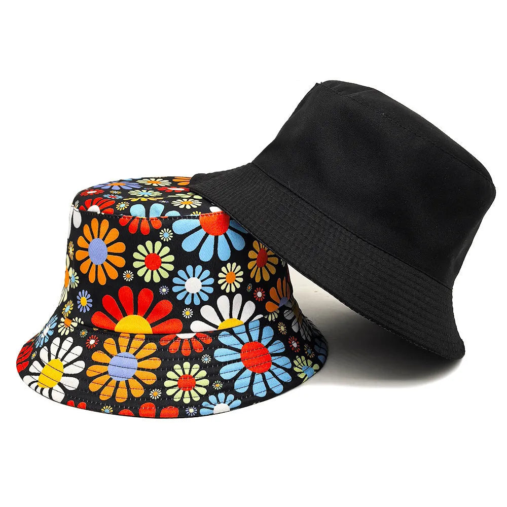 Colourful retro flower print polyester bucket hat with dome crown on white background.