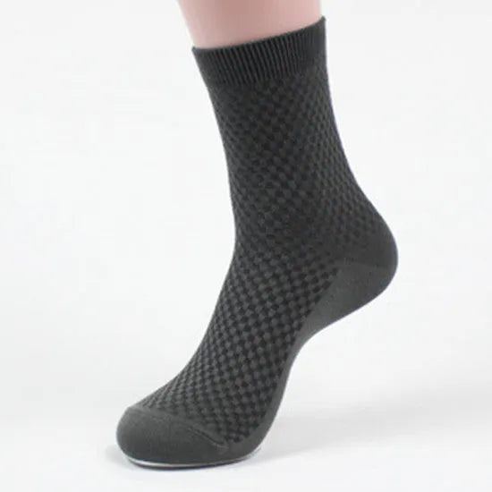 Men's bamboo fibre business socks with small square pattern, shown in colour options including black and navy blue.