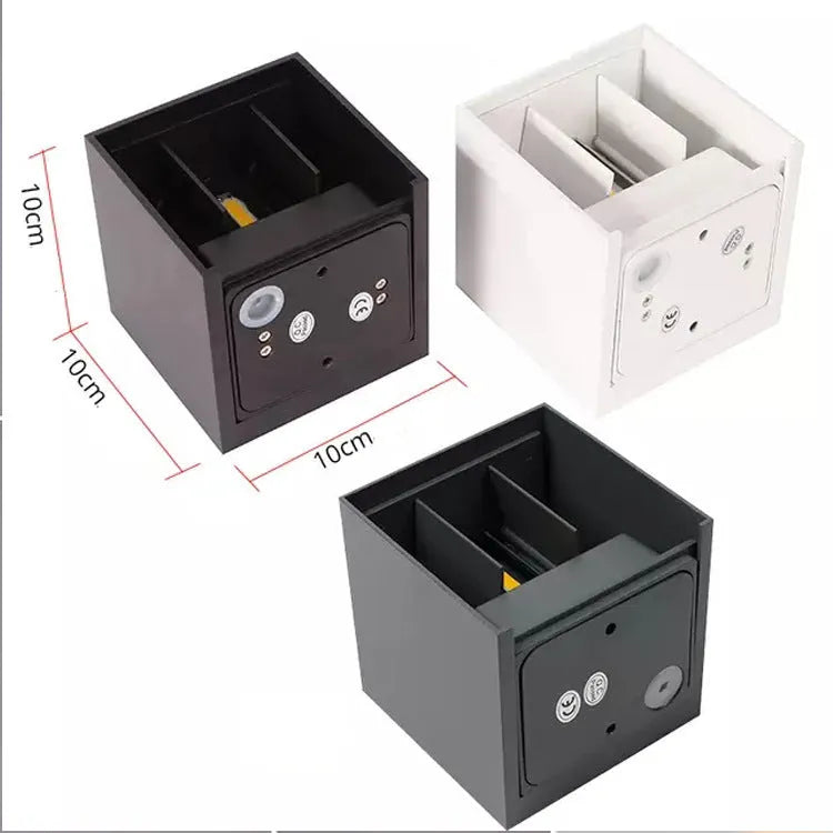 Black, grey, or white cube wall lamp with aluminium housing for corridor and garden lighting.