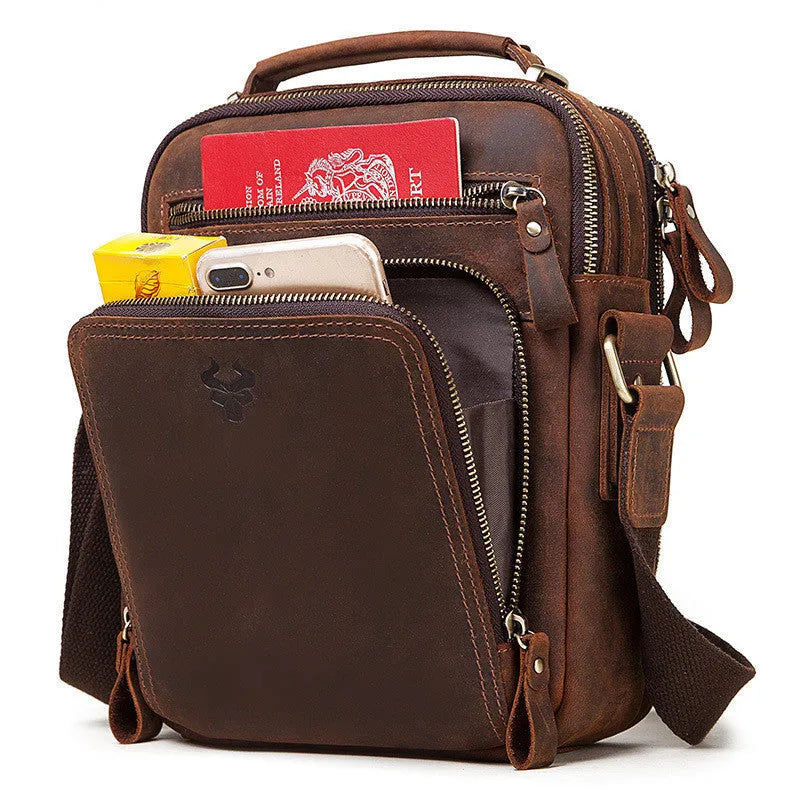 Men's brown genuine leather crossbody bag with retro style and visible stitching