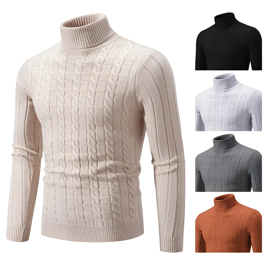 Men's slim fit twist turtleneck pullover in chenille fabric, shown in milky white colour