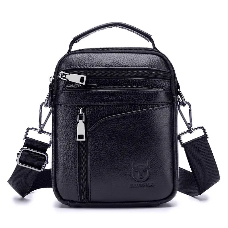 Black genuine leather men's shoulder messenger bag with retro styling on solid background