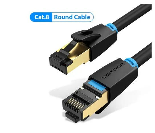 CAT8 10G Ethernet cable showing flat and round style options with RJ45 connectors