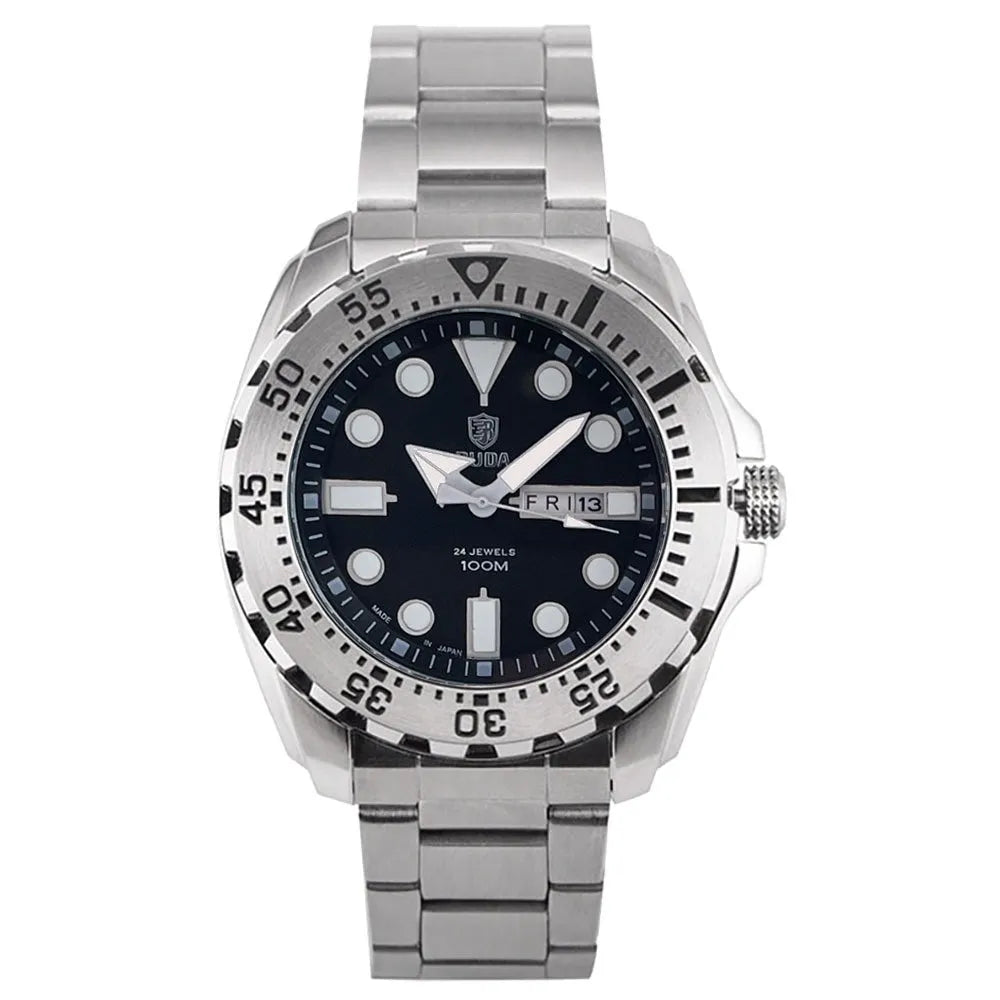 Men's waterproof luminous quartz watch with blue case and steel strap showing sporty 15mm design