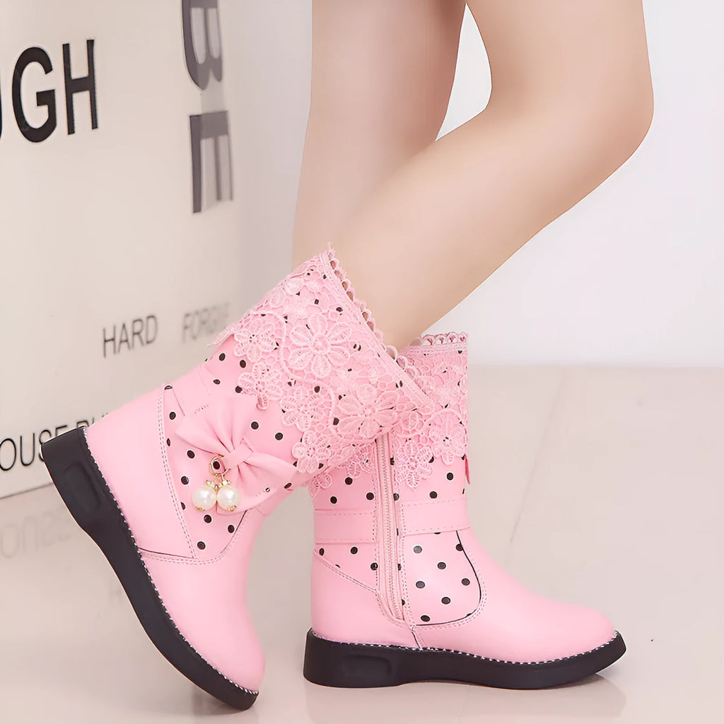 Girls' bowknot pendant lace and velvet artificial leather shoes in black with rubber sole and lace fastening