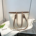 Women's contrast colour PU tote bag with horizontal square shape and large capacity in black, white, khaki, or brown