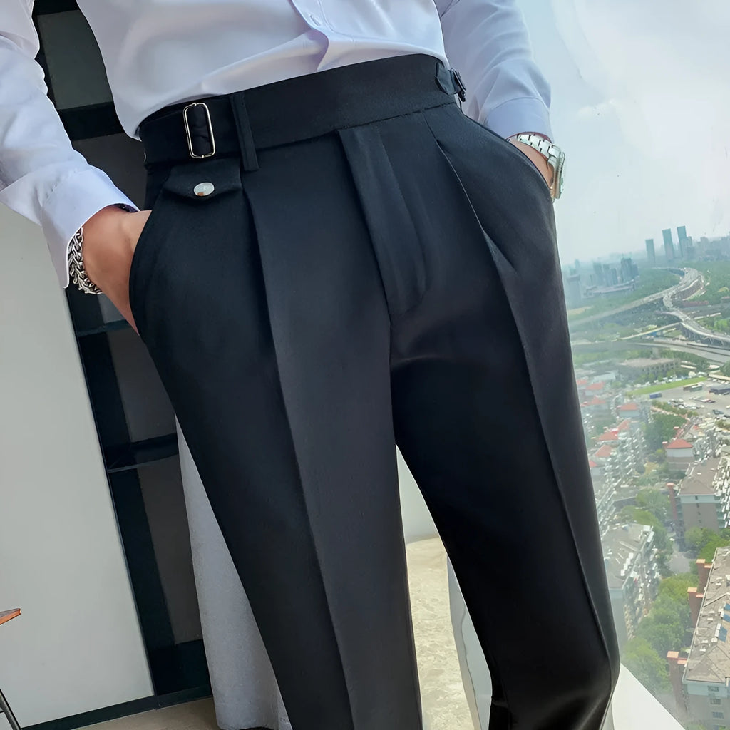Men's straight-leg casual trousers in polyester fabric showing multiple solid colour options