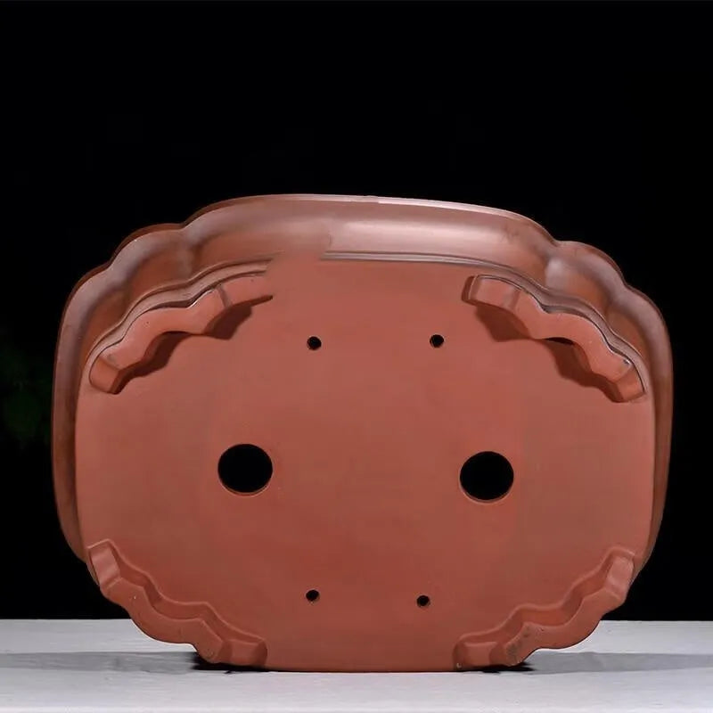 Large antique-style rectangular purple clay flower pot with Chinese design elements.