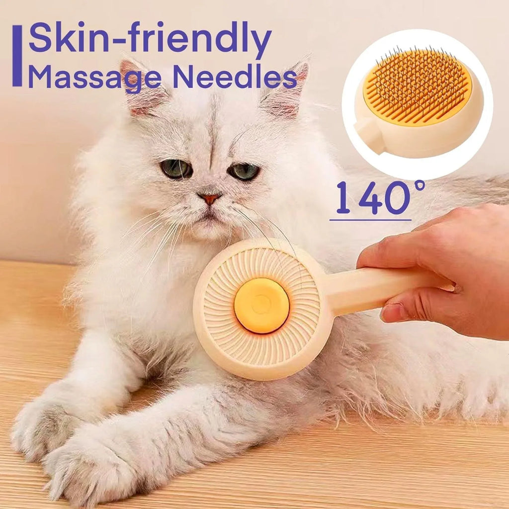 Blue self-cleaning pet grooming brush with metal pins and a button for hair removal
