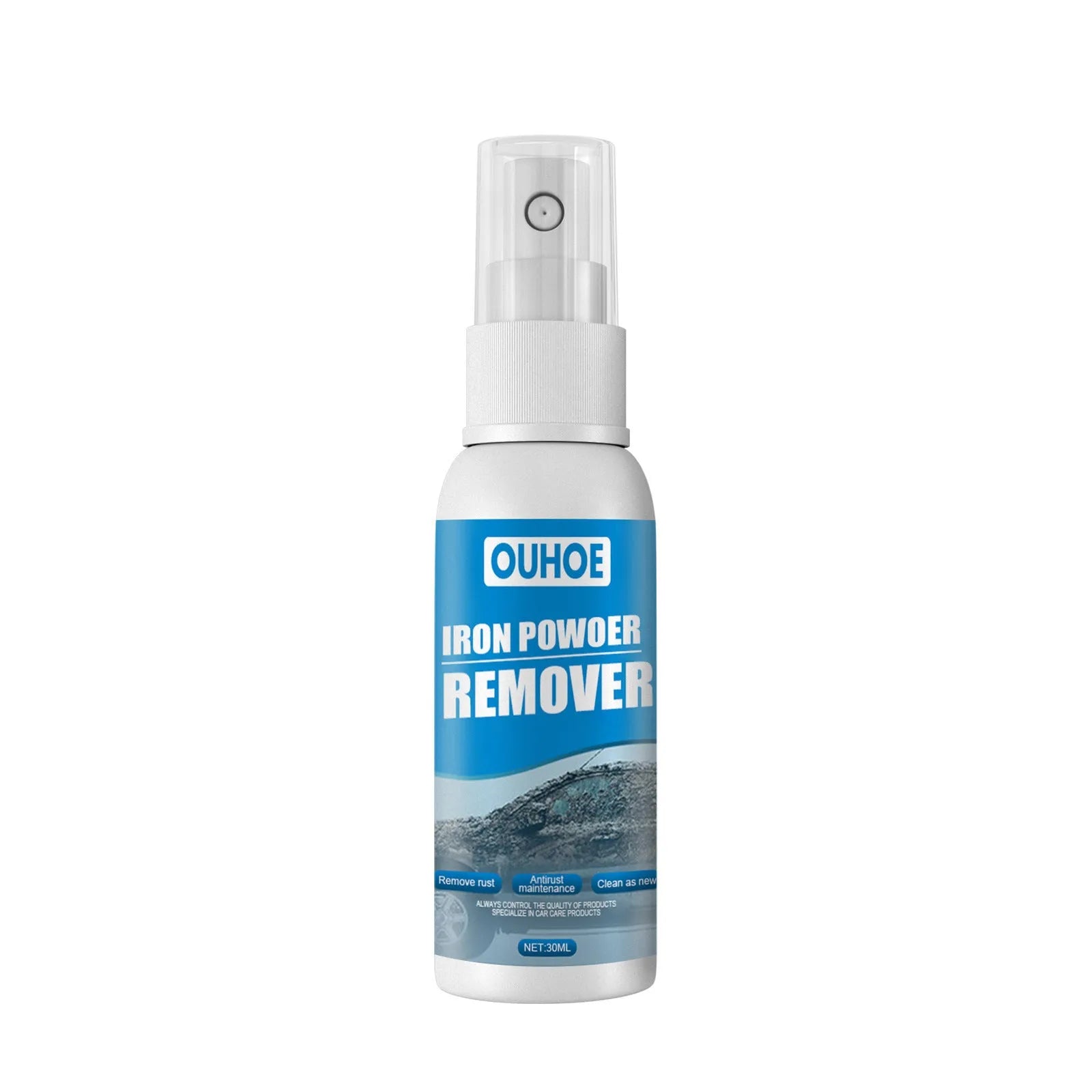 Automotive iron powder rust spray with blue square sponge and towel applicators in 30ml and 100ml sizes