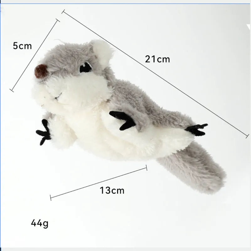 Gray flapping squirrel cat toy with USB charging cable for interactive feline play