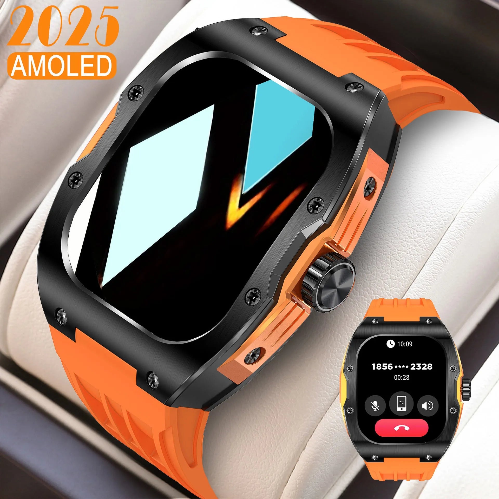 Smart watch fitness bracelet with AMOLED touch screen and black blue tape strap showing Bluetooth calling interface