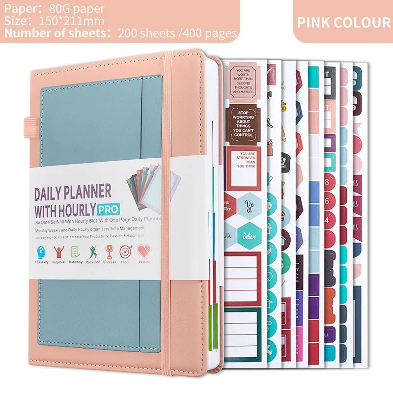 PU leather notebook with strap closure, shown open on 80g wood-free paper, available in purple, green, gray, black, pink, and orange.