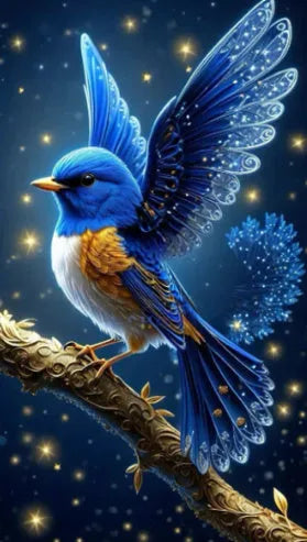 Handmade DIY rhinestone painting kit showing blue bird design on 60x100cm acrylic canvas.