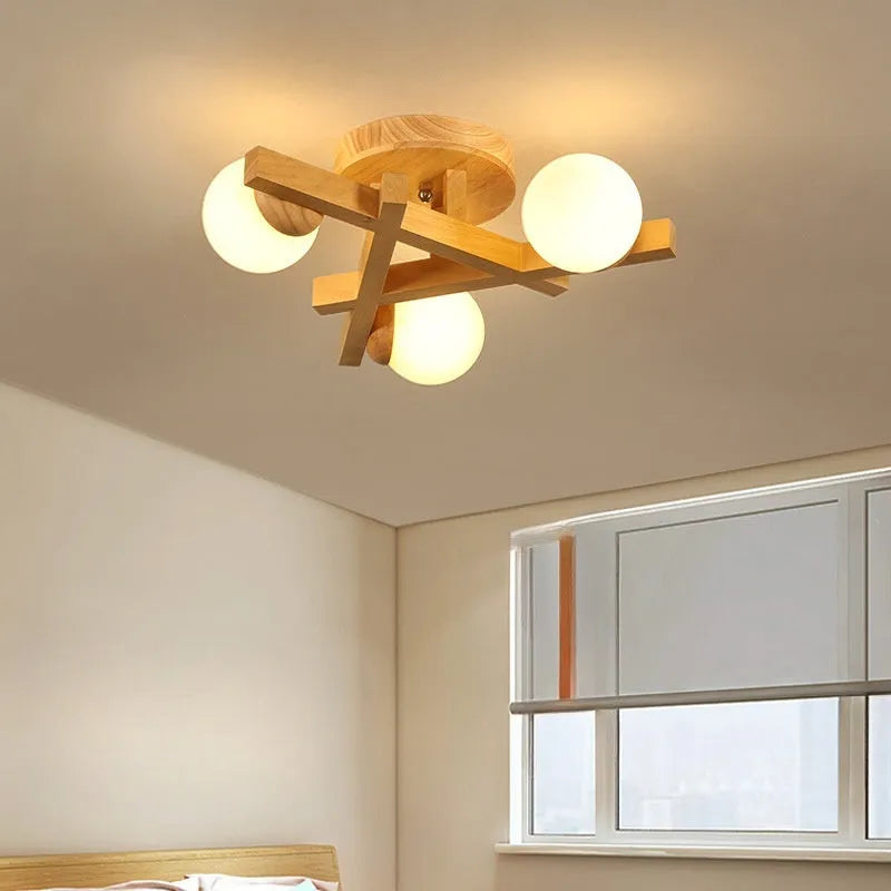 Nordic wooden style ceiling lamp with three adjustable light heads