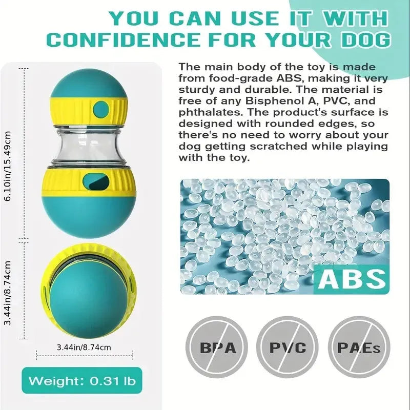 Blue adjustable treat dispenser toy for dogs with dual spheres and food dispensing holes