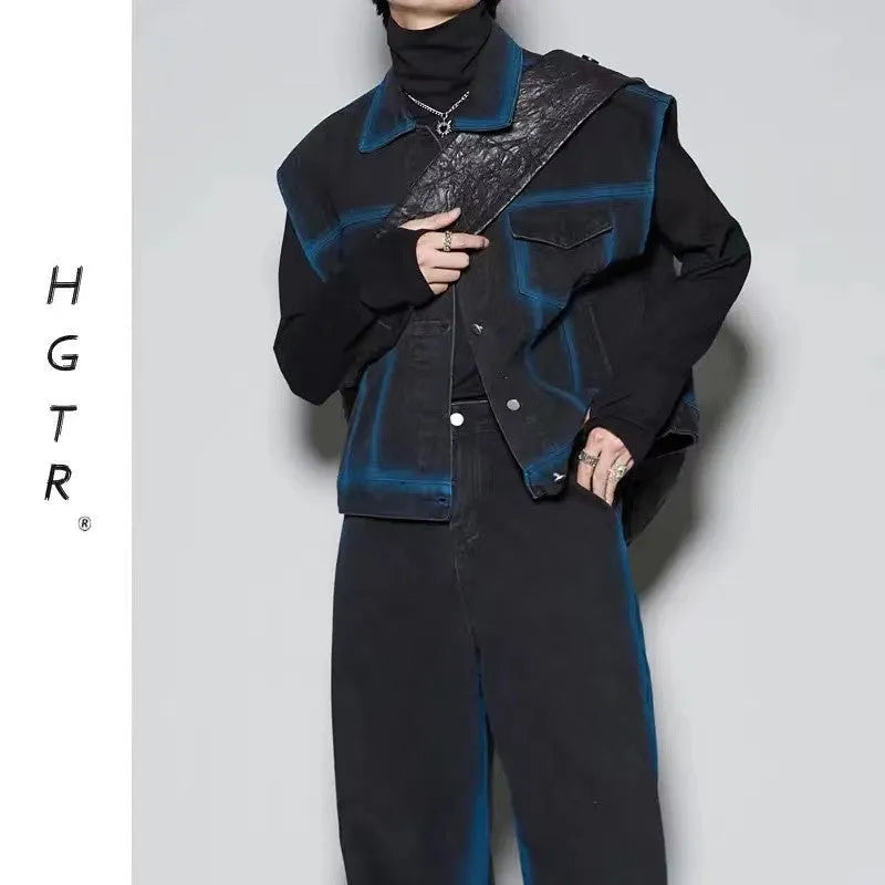 Blue distressed vest and jeans two-piece suit with spray colour gradient and fleece lining.
