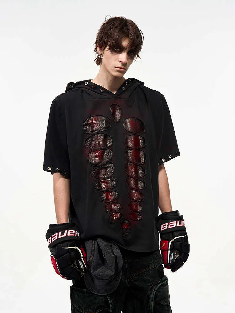 Black men's loose-fitting hooded t-shirt with short sleeves and cut sequins detail.