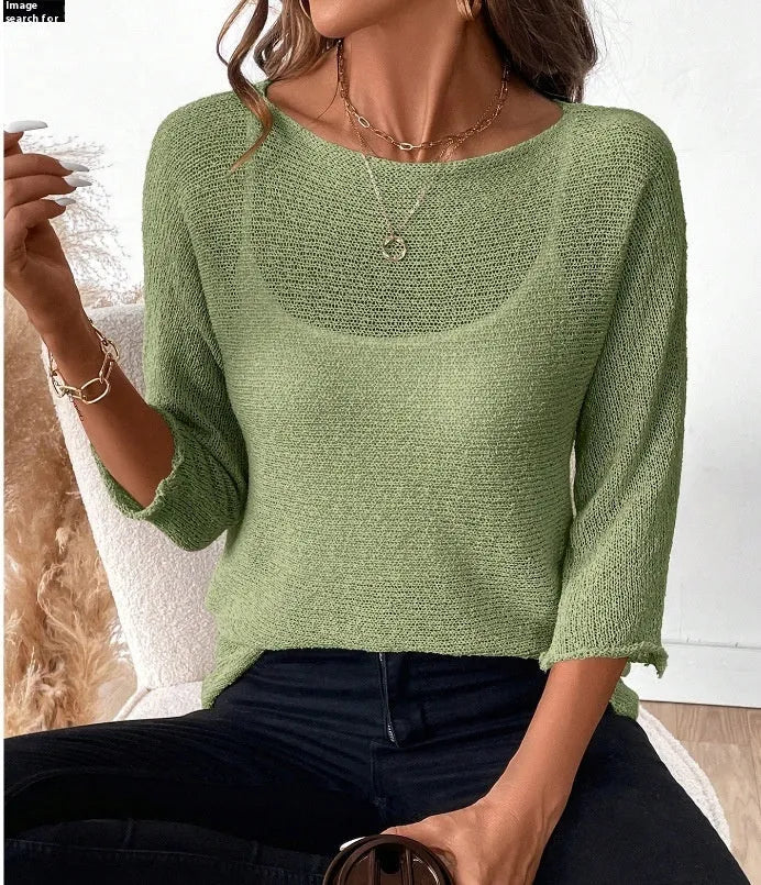 Women's knitted off-shoulder top in thin polyester fabric with 3/4 sleeves and 3D pattern