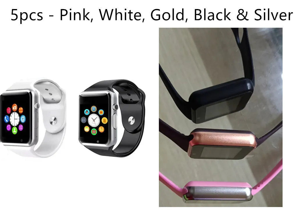 A1 Smart Watch with touchscreen display showing interface, available in multiple colours including black, silver, blue