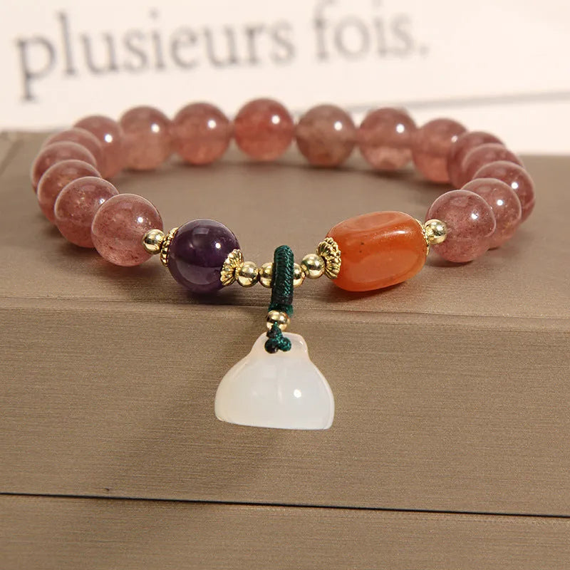 Women's multi-layer crystal bracelet with natural garnet, strawberry quartz, and moonstone pendants in Korean style.