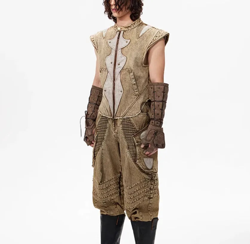 Summer dark knight original niche pleated vest in cotton fabric, picture colour, front view