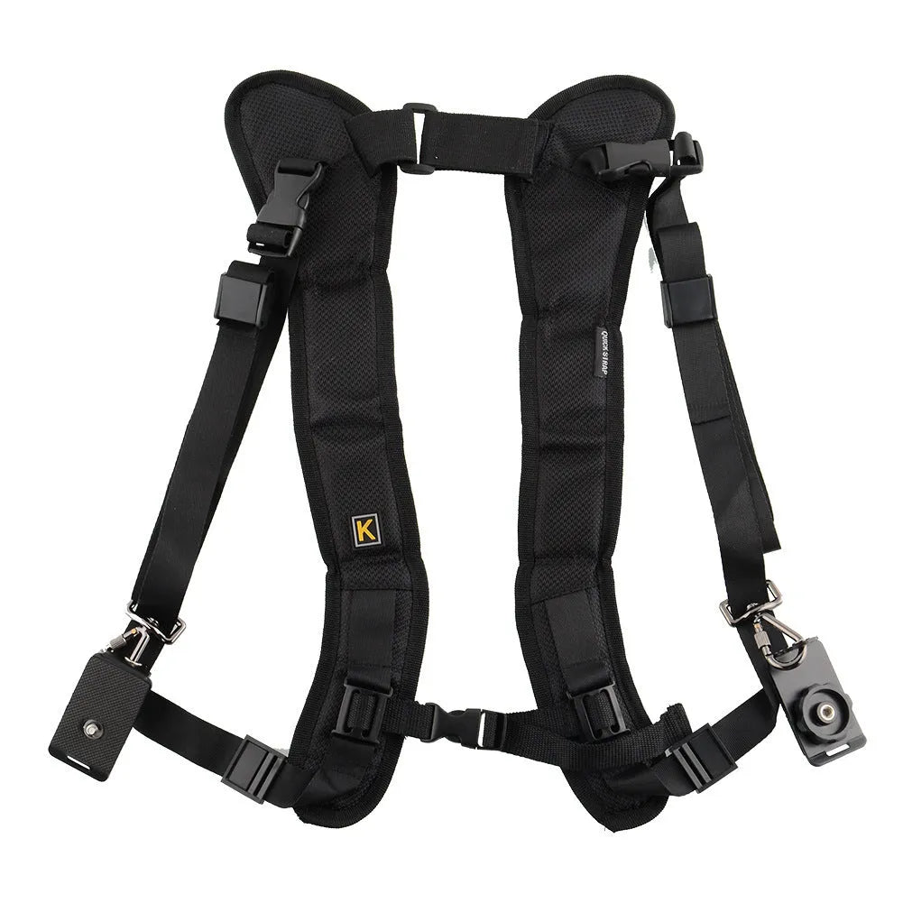Black professional dual SLR camera shoulder strap showing two camera attachments and thick sponge padding.