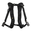 Black professional dual SLR camera shoulder strap showing two camera attachments and thick sponge padding.