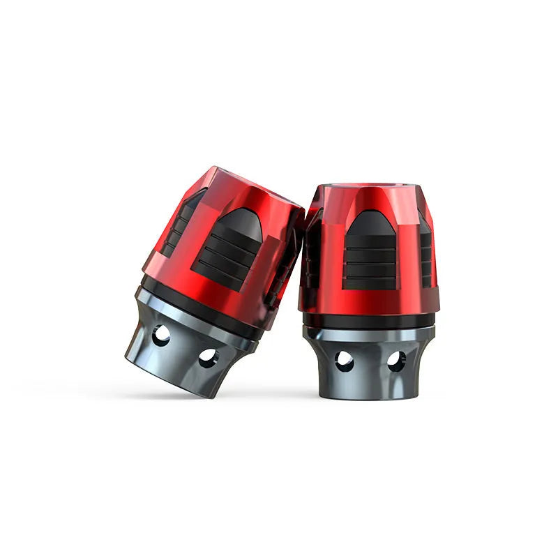 A pair of anodised aluminium fork cups for motorcycle and electric car front axles, shown in a selection of colours.