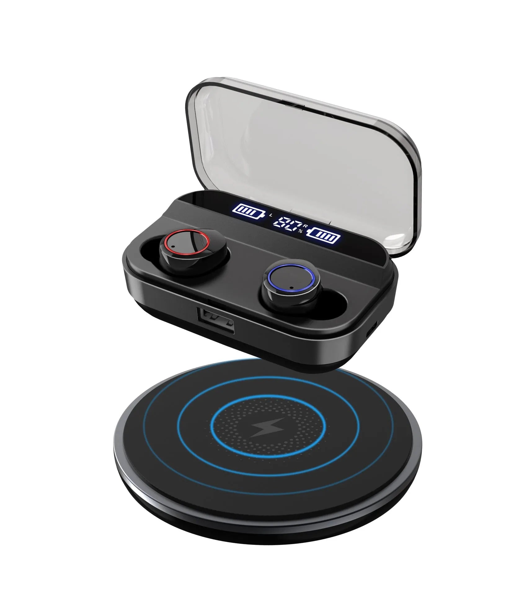 X11 black Bluetooth wireless earbuds with charging case showing touch controls and silicone ear sleeves