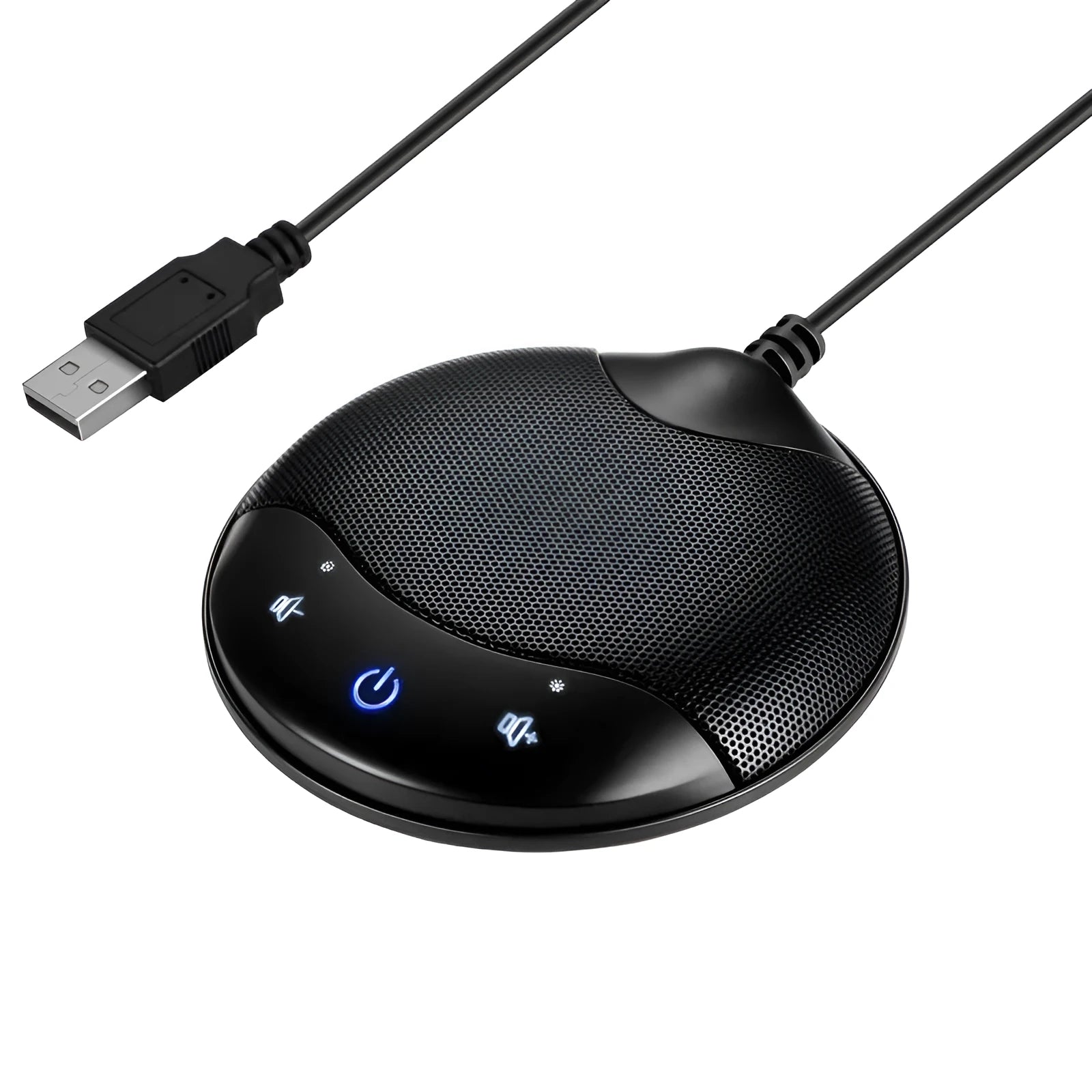 Black USB condenser microphone for conferences and gaming, dimensions 9x9x1.7cm