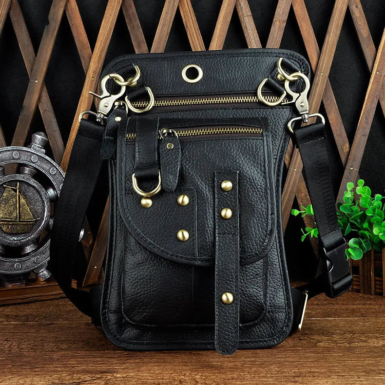 Genuine cowhide leather punk fanny pack with zipper closure showing internal phone and ID pockets