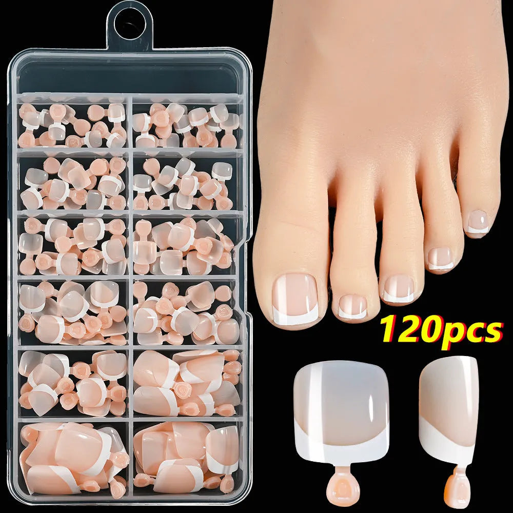 120-piece box of full square short French white tip nude press-on toenails in assorted shades