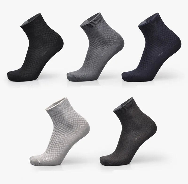 Men's bamboo fibre business socks with small square pattern, shown in colour options including black and navy blue.