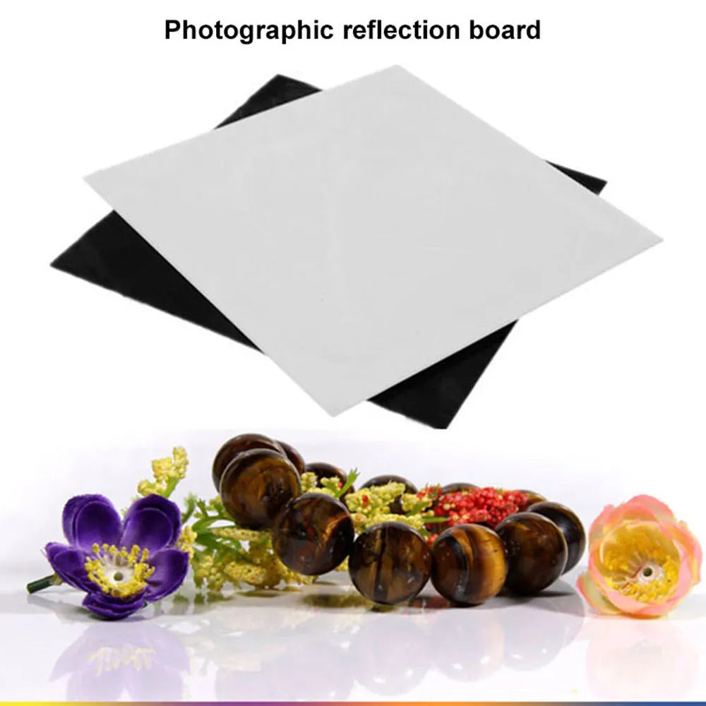 Black and white square acrylic reflection boards for photography in 20cm, 30cm, and 40cm sizes.
