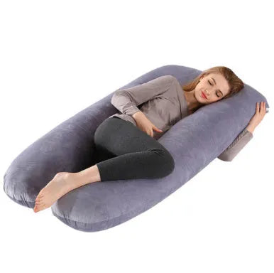 Large U-shaped pregnancy support pillow with removable cover in choice of fabrics.