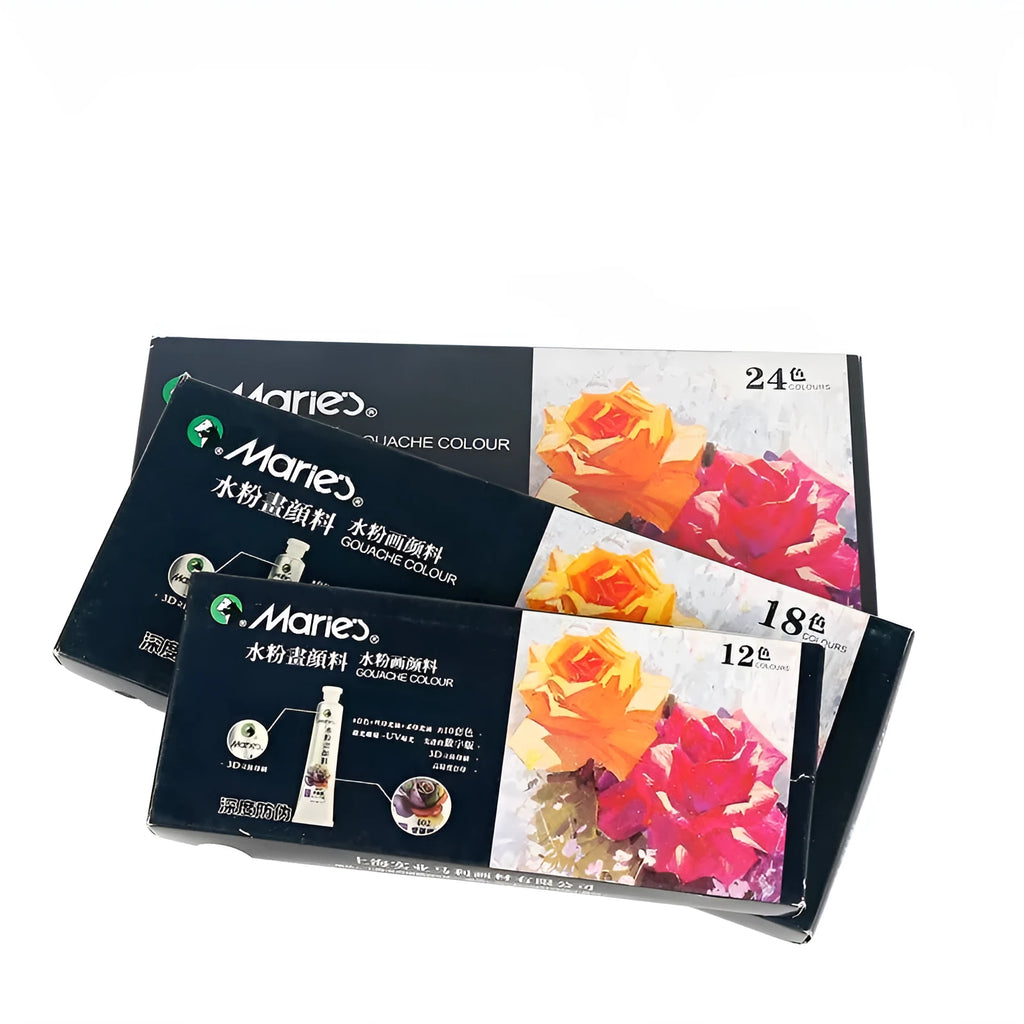 Gouache paint set showing tubes in a box, available in 12, 18 and 24 colour options.