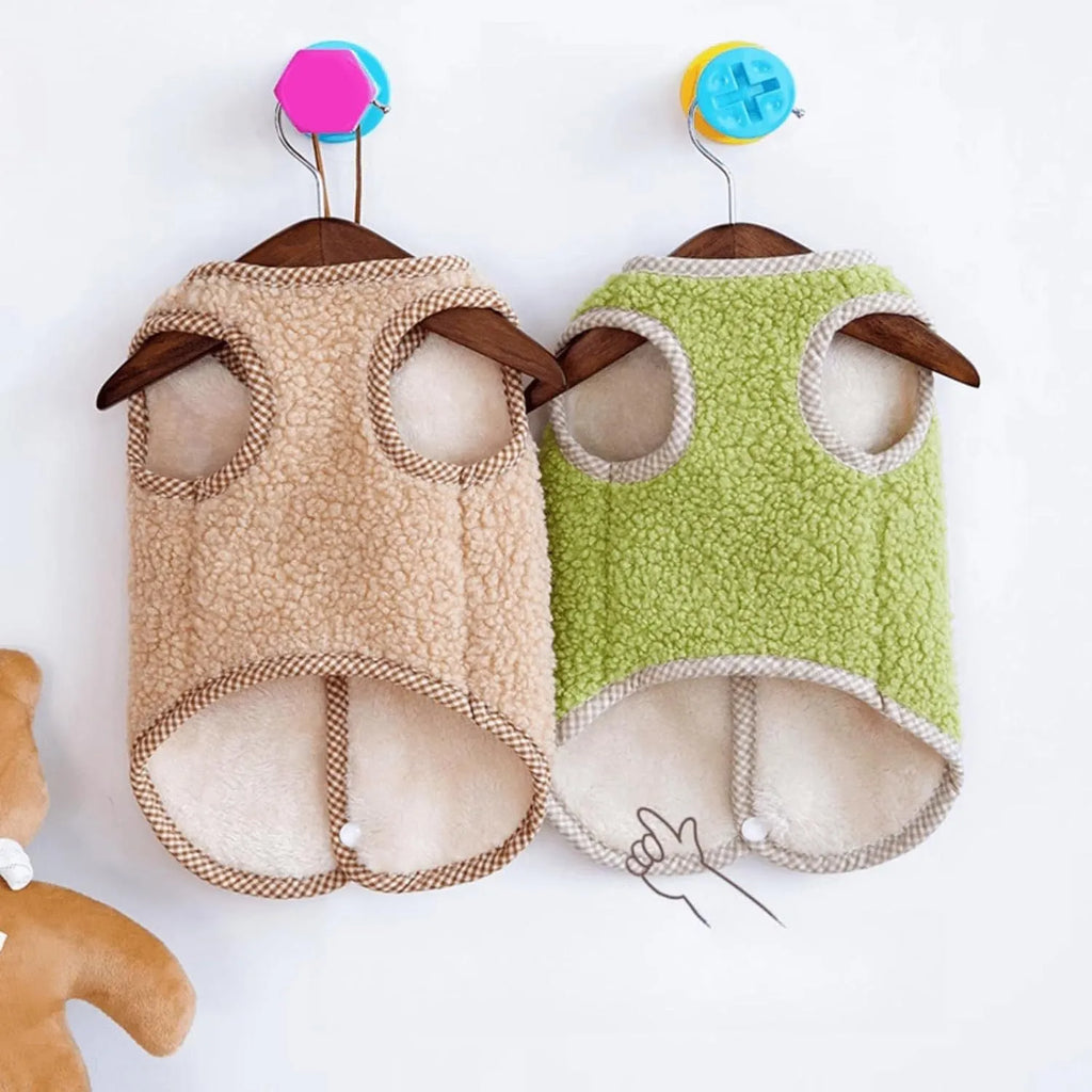 Green coral fleece dog sweatshirt vest with leash ring on small dog