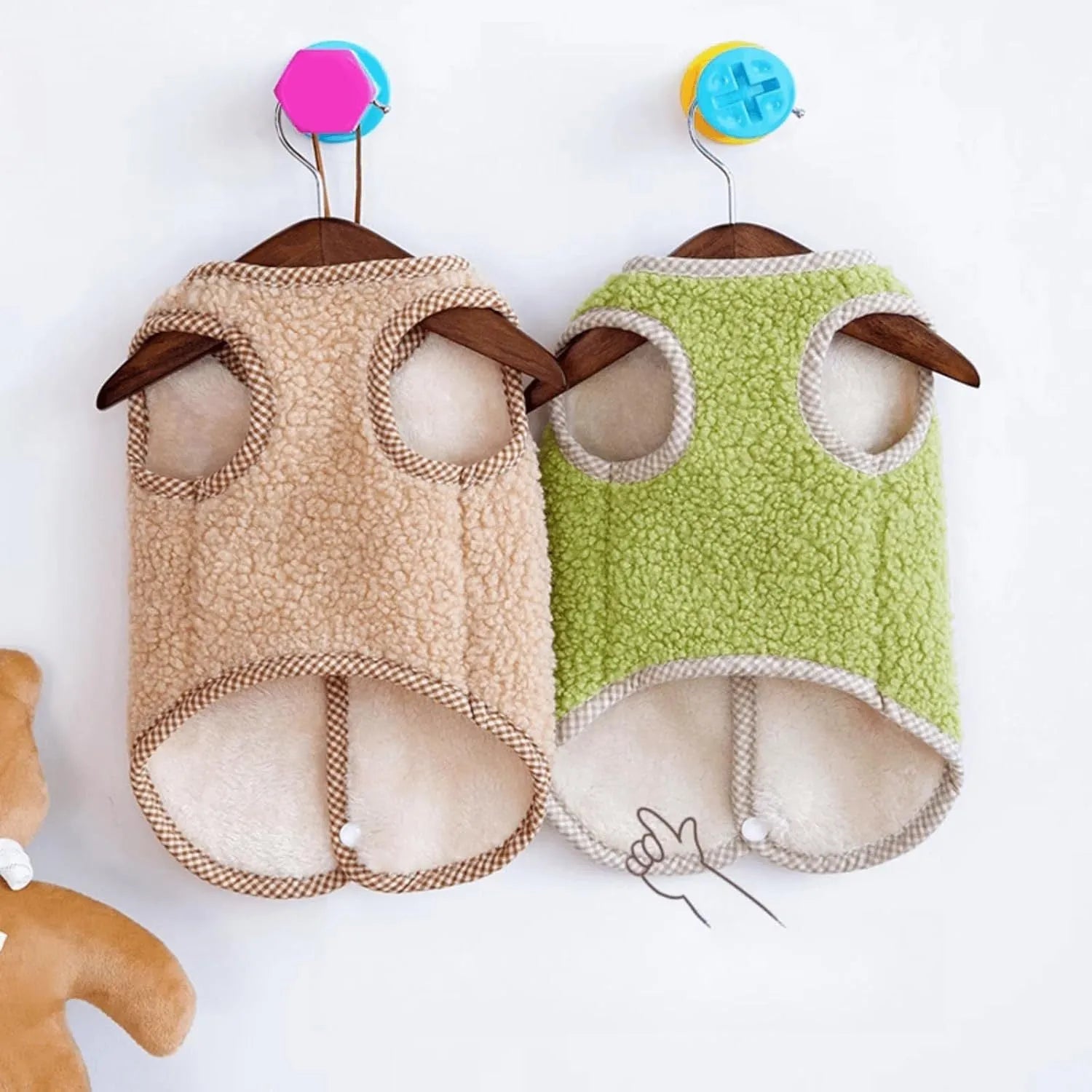 Green coral fleece dog sweatshirt vest with leash ring on small dog