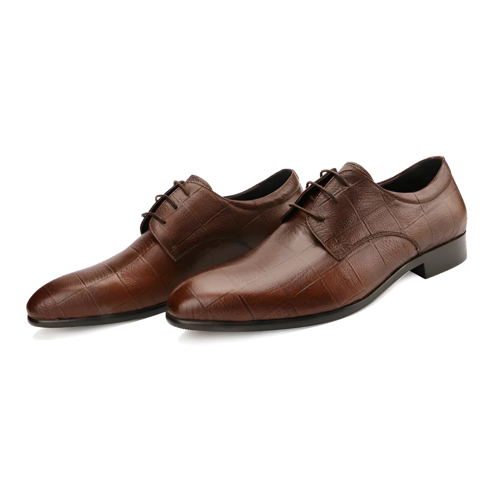 Men's black leather Derby shoes with checkered pattern and pointed toe