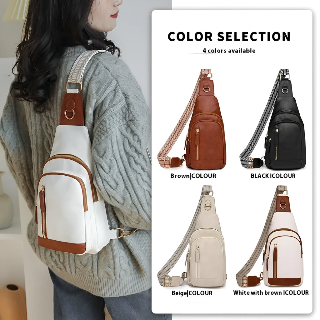 Women's soft PU chest bag in beige with multiple compartments and crossbody strap