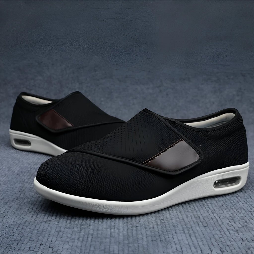 Beige widened fit leisure shoes with Velcro strap and rubber foam sole.