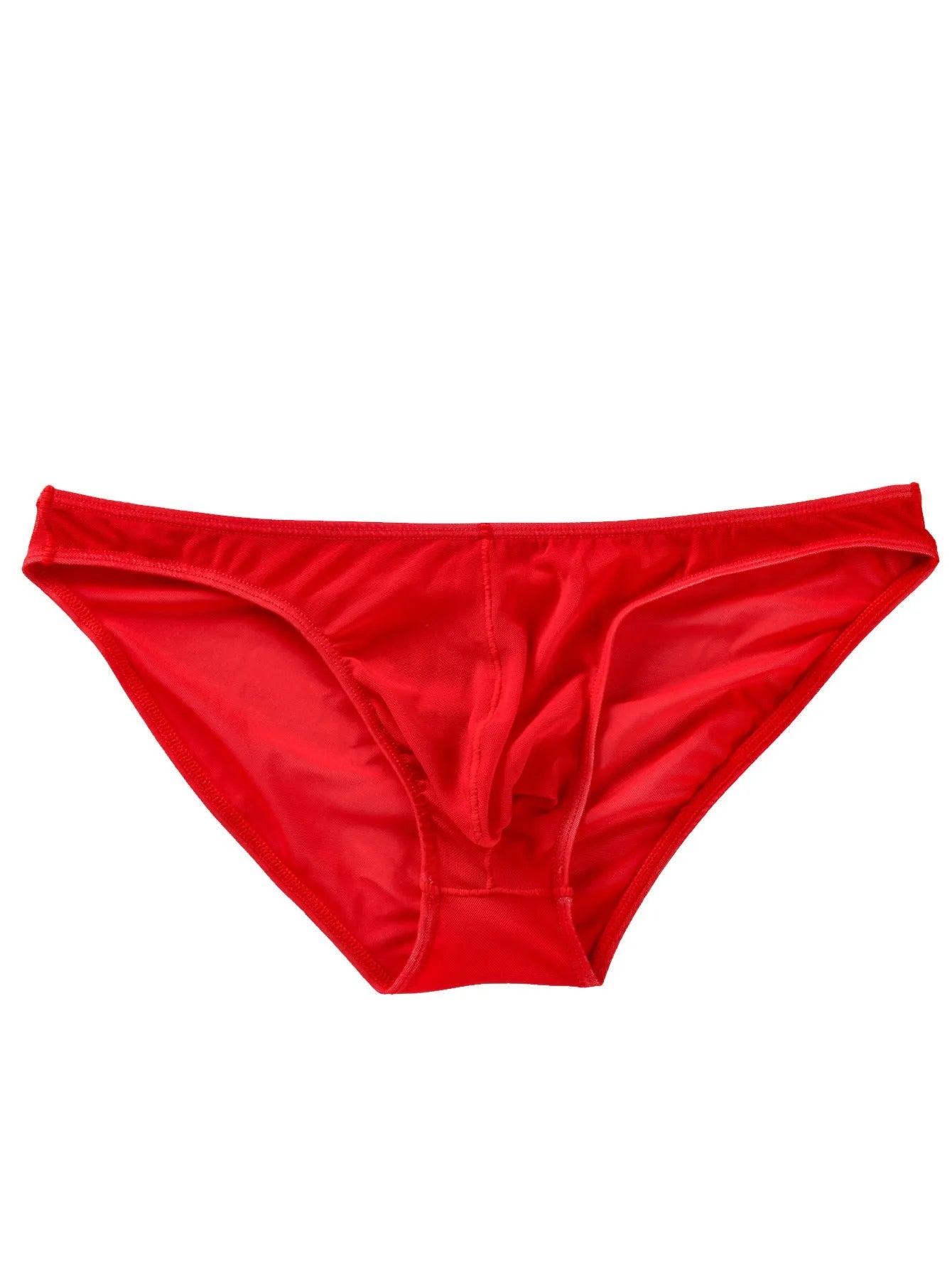 Men's black ice silk briefs with low waist triangle design on mannequin