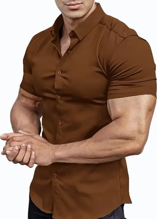 Men's short sleeve printed casual shirt in polyester, shown in multiple colour options.
