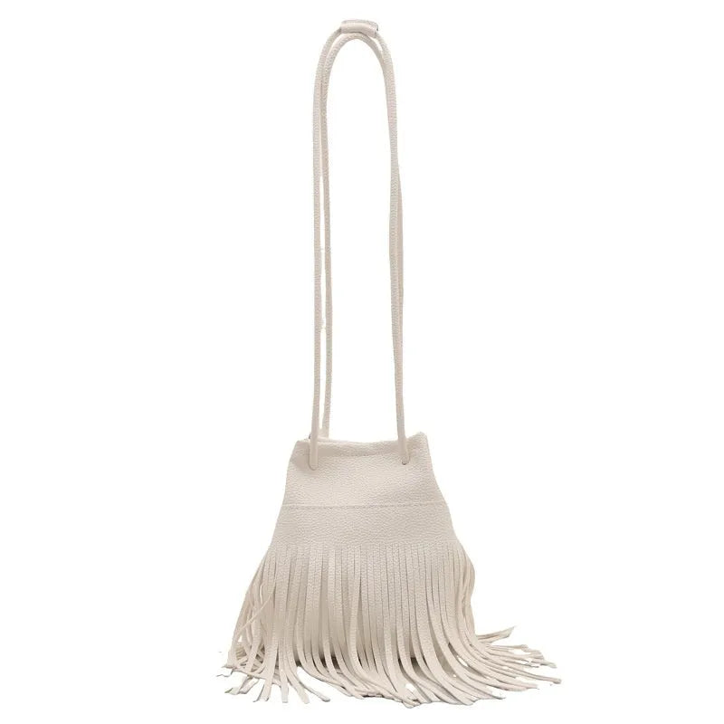 Women's soft leather tassel small satchel in bucket shape with open pocket, five colour options