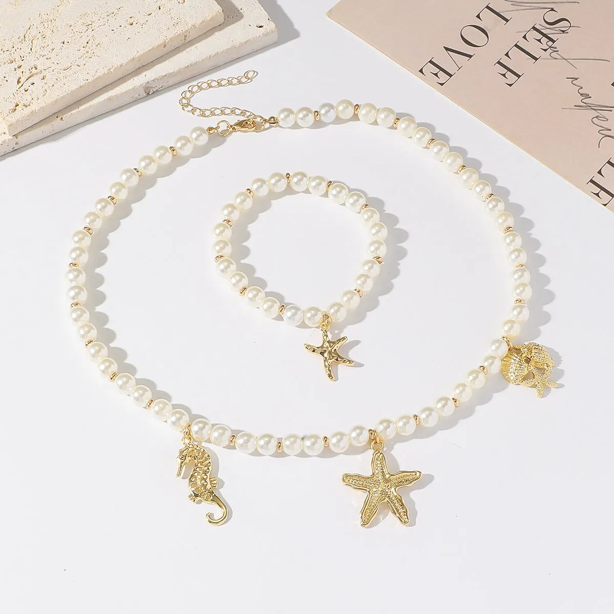 Haima handmade shell necklace starfish bracelet set with alloy pearl chain silver tone unisex