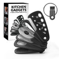 Stackable set of six kitchen utensils with PP handles and stainless steel heads, plus a cleaning brush, in a colour box